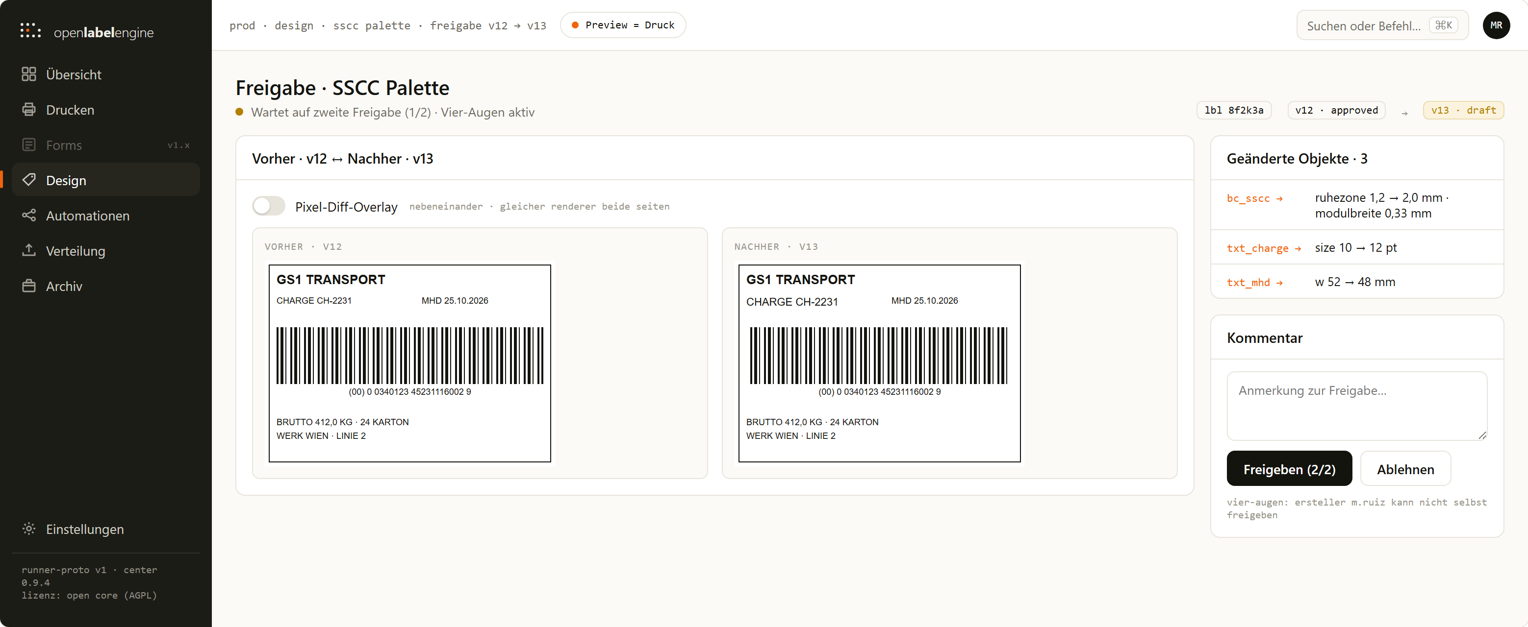 Approval diff showing before and after label versions side by side
