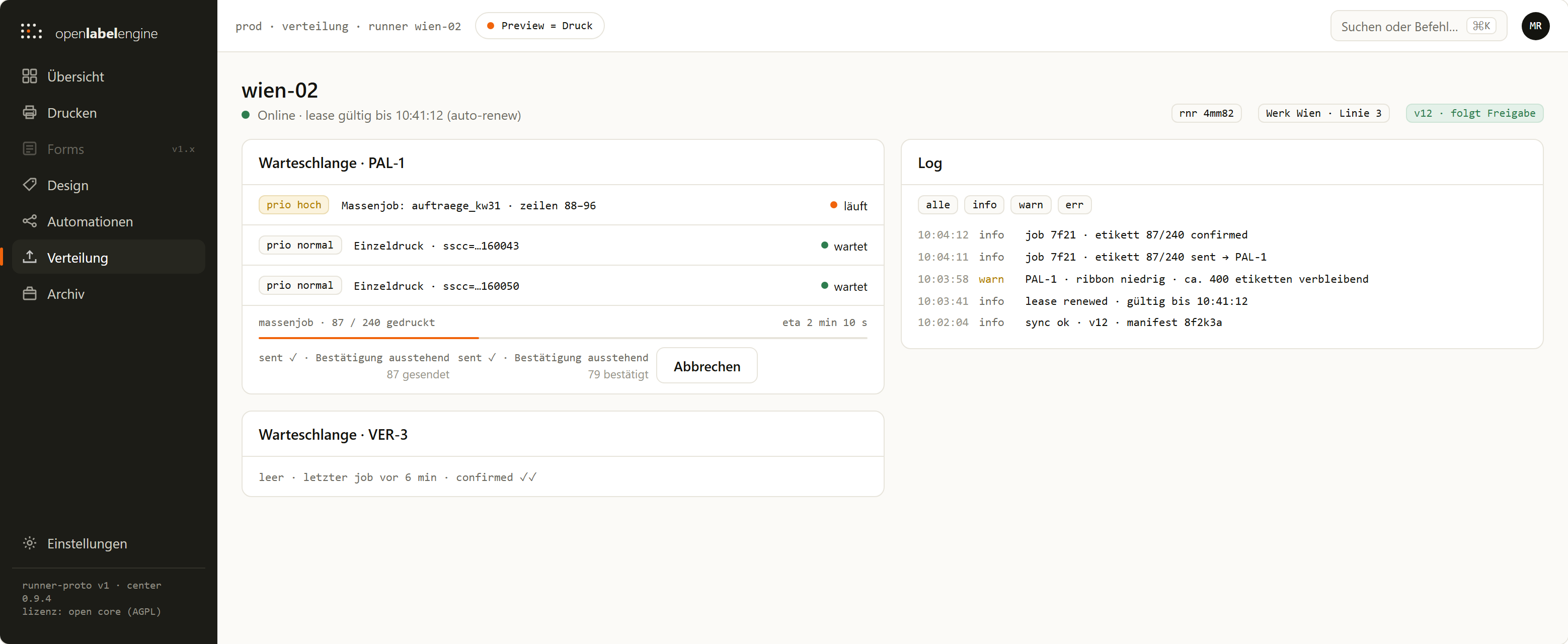 Runner detail with per-printer queue and log